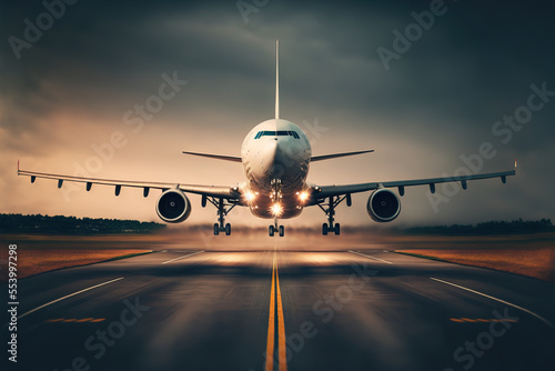 Front view of  Airplane taking off on runway,  Generative AI illustration photo