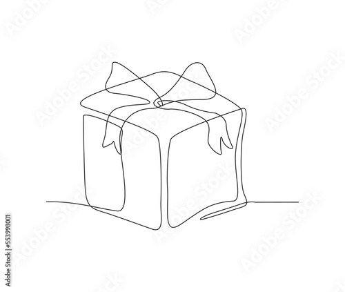 Continuous one line drawing of present box or gift box. Presents cardboard box with ribbon single line art vector design. Holiday, birthday , new year and thanksgiving concept.