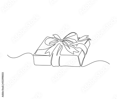 Continuous one line drawing of present box or gift box. Presents cardboard box with ribbon single line art vector design. Holiday, birthday , new year and thanksgiving concept.