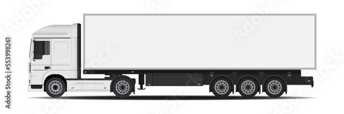 White truck with trailer realistic vector mockup for branding.