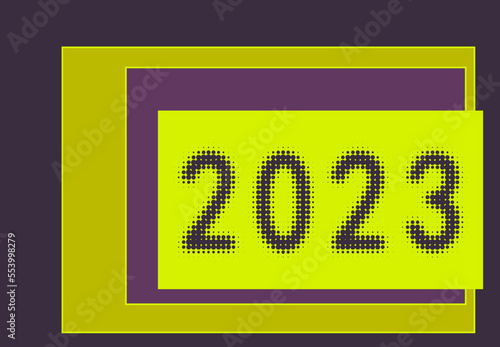 Polka dot halftone lettering 2023 in the intriguing color scheme of a husky trail simulating polar lighting as a result of the interaction of solar particles and oxygen molecules. Vector.