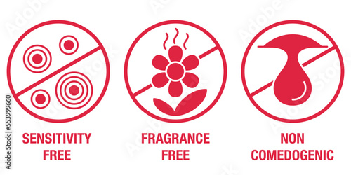No Fragrance, Sensitivity and Comedogenic icons