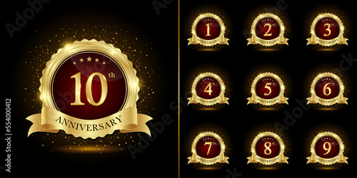 Set of Anniversary Emblem Design with Golden Text and Ribbon. Logo Vector Illustration