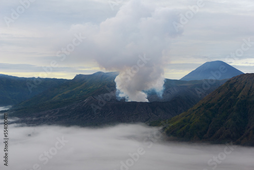 Morning atmosphere at Mount Bromo in East Java, Indonesia. Heavy cloudy