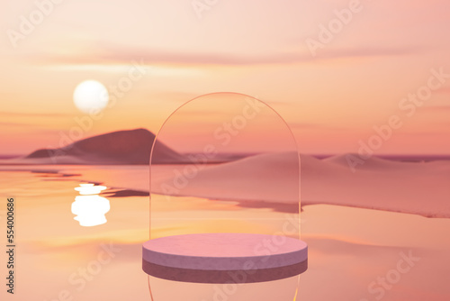 Canvas Print 3D podium with copy space for product display presentation on tropical sunset beach abstract background