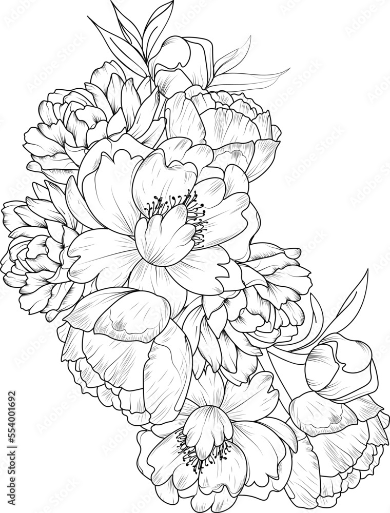 Peony flower sketch art, Hand-drawn peony flower bouquet vector sketch ...