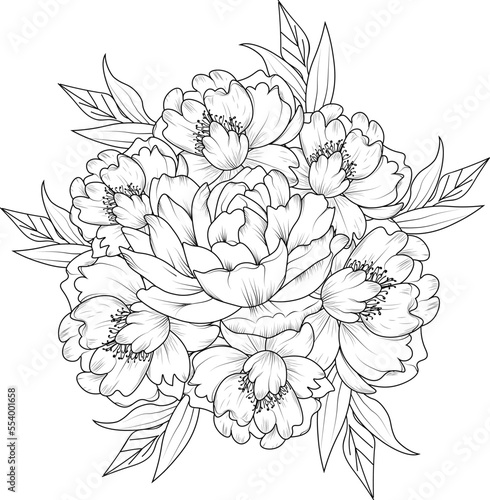 peony flower pencil art, Bouquet of peony flower hand drawn pencil sketch coloring page and book for adults isolated on white background floral element tattooing, illustration ink art.