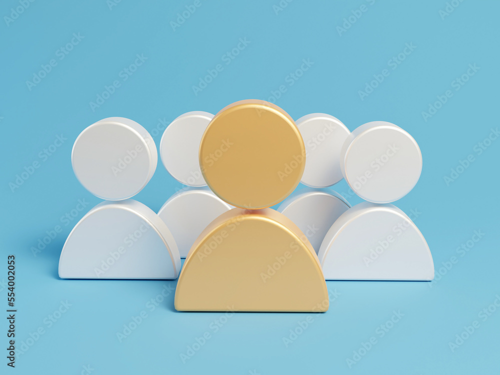 3D Business team leader on isolated blue background use for banner. Leadership and teamwork for the organizations success. Boss who leads subordinates. Gold person icon. 3d render. 3D Business team leader on isolated blue background use for banner. Leadership and teamwork for the organizations success. Boss who leads subordinates. Gold person icon. 3d render.