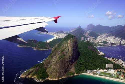 Takeoff from Santos Dumont Airport (VCP), in the foreground the world-famous Sugarloaf Mountain of Rio de Janeiro, Brazil.