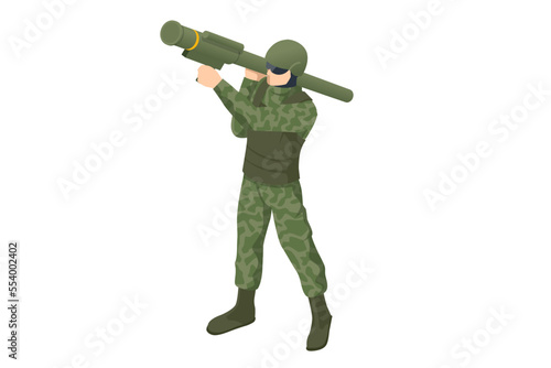 Isometric Special Forces Soldier Police, Swat Team Member. Army Soldier with Man-portable surface-to-air missile on white background. Army, military and people concept
