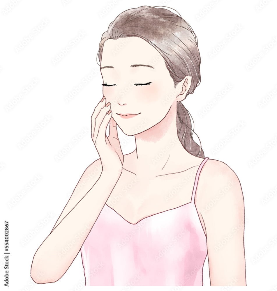 Illustration of a woman touching her cheek and smiling. Illustration of a woman touching her cheek and smiling.