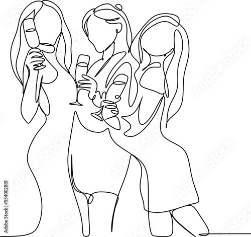 Continuous drawing in one line. Girls with wine glasses. A party. Vector illustration for banner, web, design element, template, postcard.