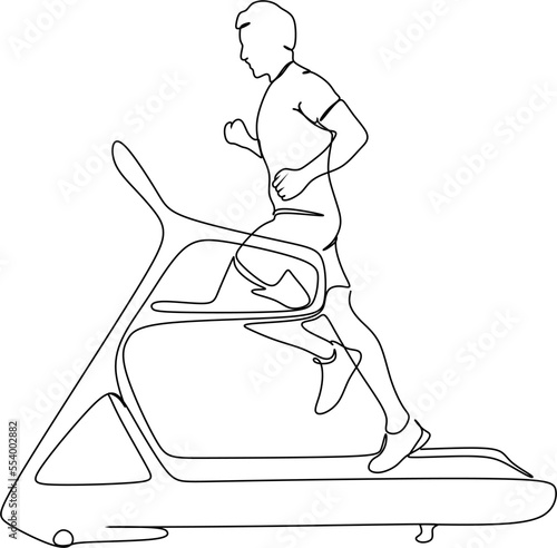 Continuous line drawing of a young man running on a treadmill. Vector illustration