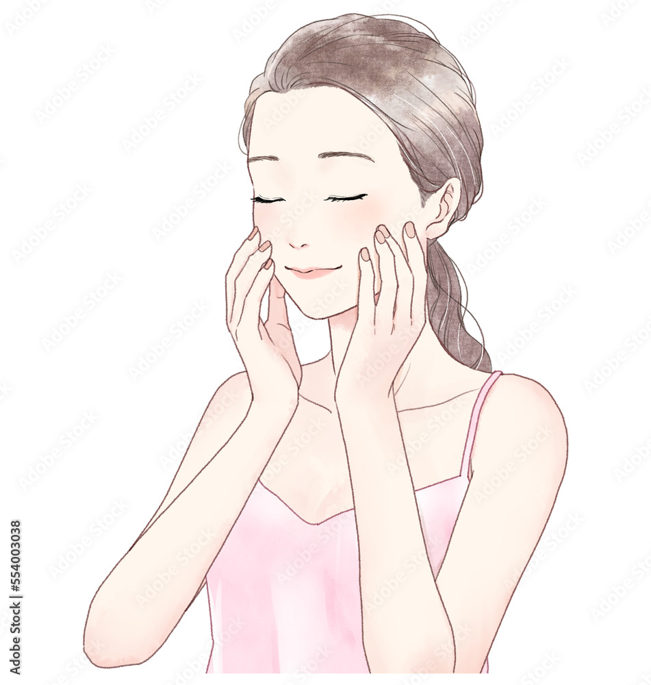 Illustration of a woman with her eyes closed and touching her cheek. Illustration of a woman with her eyes closed and touching her cheek.