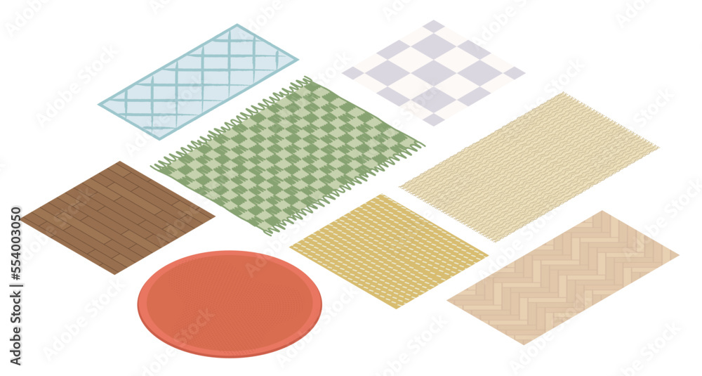 Textile carpets - modern vector isometric colorful elements - obrazy, fototapety, plakaty 