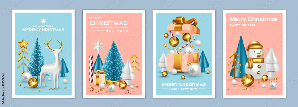 Merry Christmas and Happy New Year backgrounds, greeting cards, posters, holiday covers. Design with realistic New Year's eve and  Christmas ornaments. Vector Illustration Xmas festive templates