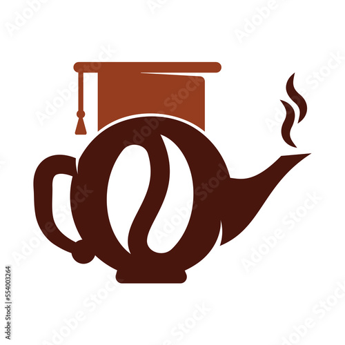 Coffee School Kettle logo design icon template.  Graduation cap Coffee pot design vector.