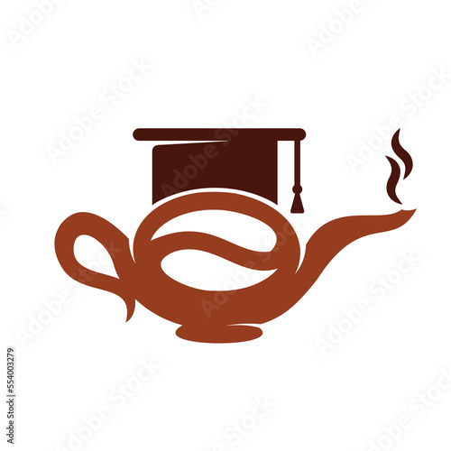Coffee School Kettle logo design icon template.  Graduation cap Coffee pot design vector.