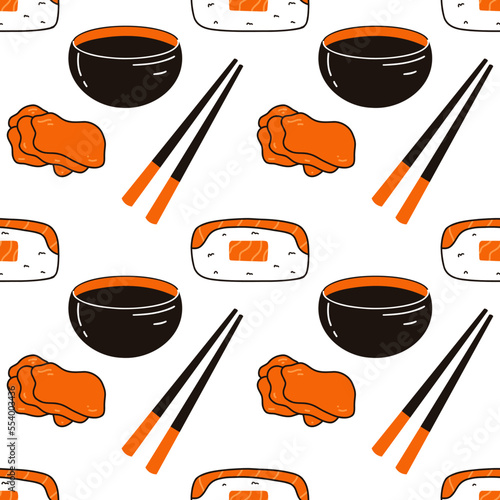 Seamless pattern with sushi, soy sauce, ginger and chopsticks. Hand drawn vector background with traditional Japanese cuisine photo