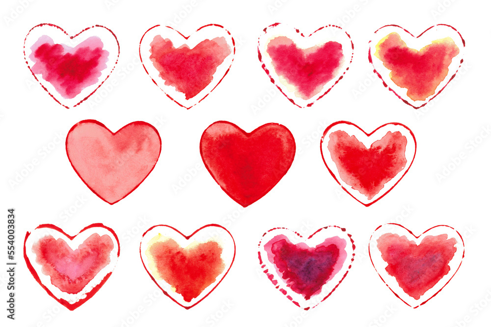 A set of red watercolor hearts on a white background. Valentine's Day, watercolor illustration. The isolated elements are perfect for a Valentine's Day greeting card or romantic greeting cards.