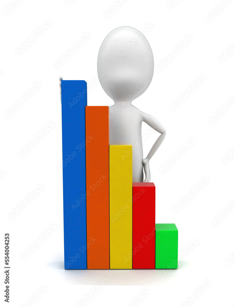 3d man presenting a higher statics bar graph concept