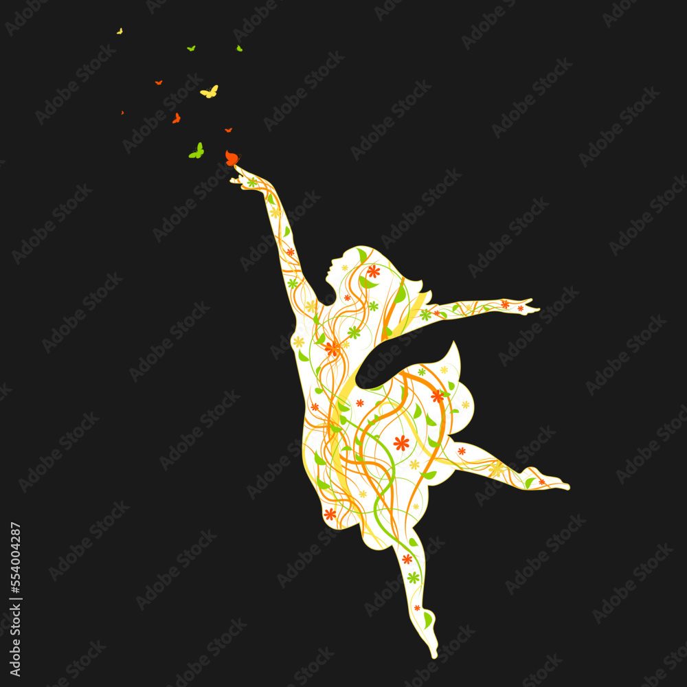 Obraz premium Silhouette of girl with flowers and butterfly