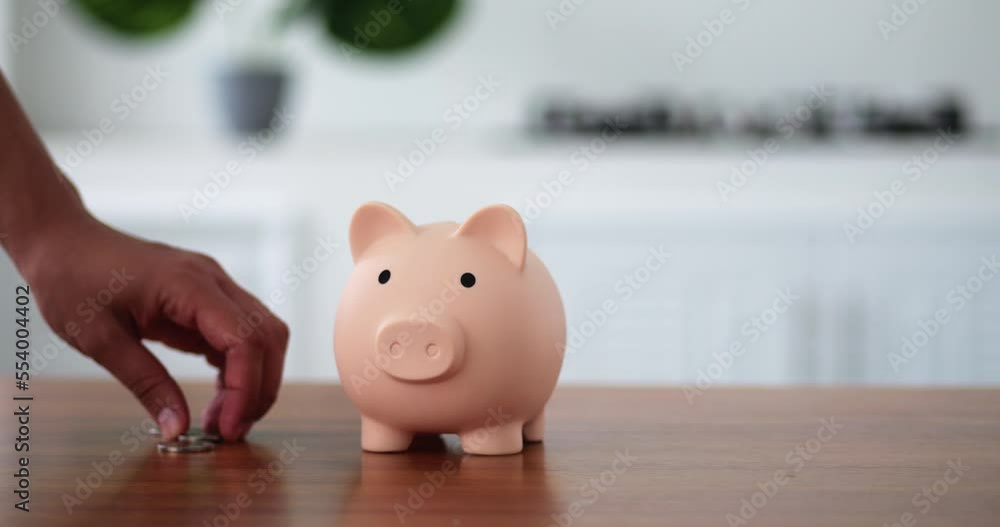 piggy bank business standing. A hand is putting a coin in a lifestyle piggy bank on a interior background. Saving money is an investment for the future. piggy bank business standing. A hand is putting a coin in a lifestyle piggy bank on a interior background. Saving money is an investment for the future.
