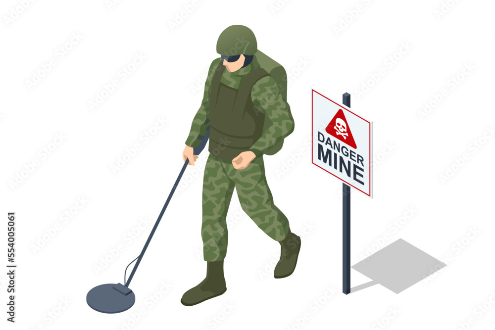 Isometric Special Forces Soldier Police, Swat Team Member. Isometric Soldiers Mine. Military landmine clearing equipment. Special force crew. Military concept for army, soldiers and war. - obrazy, fototapety, plakaty 