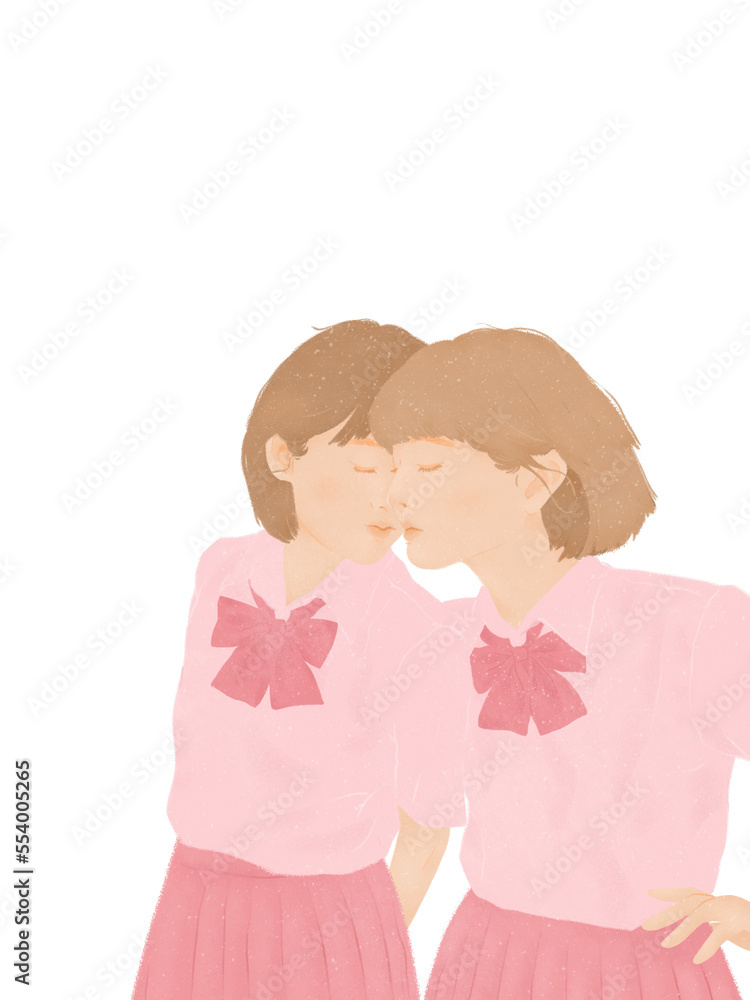 two teenage Asian students kissing young LGBTQ lesbian couple love moments on transparent background