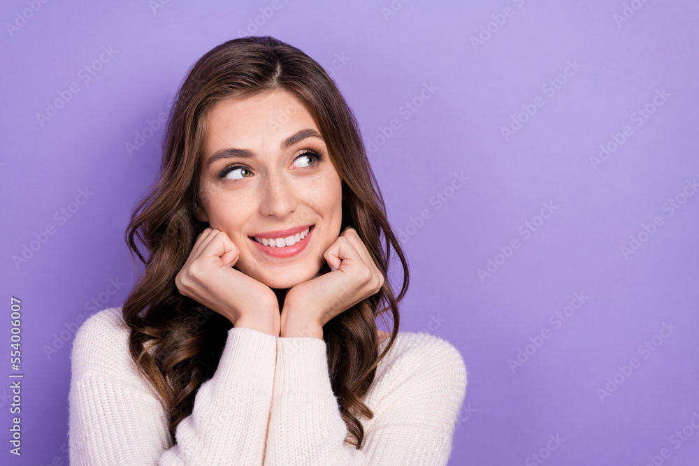 Portrait of young adorable brunette hair lady toothy smiling touch cheeks look up best shopping proposition isolated on purple color background Portrait of young adorable brunette hair lady toothy smiling touch cheeks look up best shopping proposition isolated on purple color background