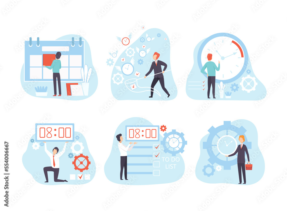 Effective Time Management with Man Organizing Time on Clock and Calendar Vector Set Effective Time Management with Man Organizing Time on Clock and Calendar Vector Set