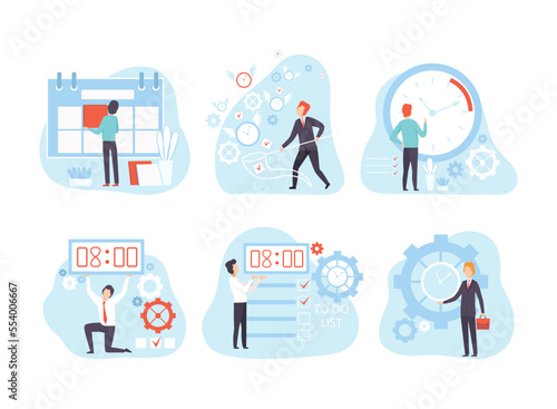 Effective Time Management with Man Organizing Time on Clock and Calendar Vector Set