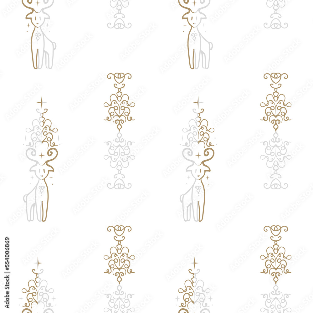 Vector Festive Scandinavian Reindeer in Gold and Silver on White seamless pattern background. Perfect for fabric, scrapbooking and interior design projects. Vector Festive Scandinavian Reindeer in Gold and Silver on White seamless pattern background. Perfect for fabric, scrapbooking and interior design projects.