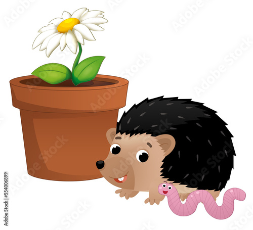 cartoon clay pot for flowers hedgehog and worm photo