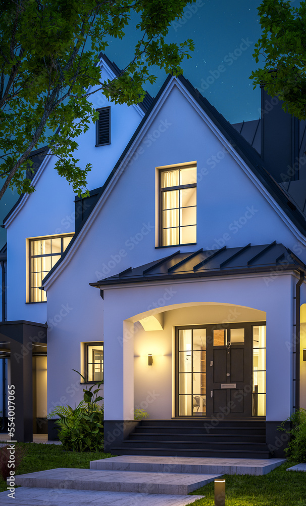 Obraz premium 3d rendering of cute cozy white and black modern Tudor style house with parking and pool for sale or rent with beautiful landscaping. Fairy roofs. Clear summer night with many stars on the sky.