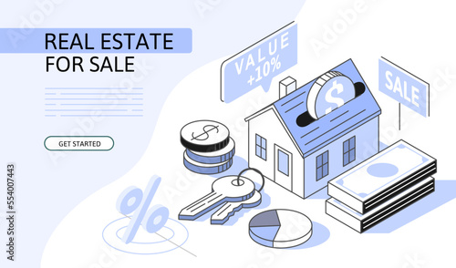 Real estate Isometric Concept. Use for web page, banner, infographics. Flat illustration editable line.