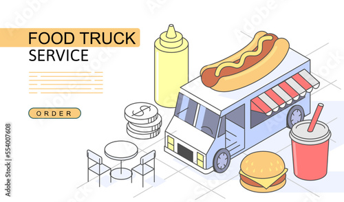 Food Truck Isometric Concept. Use for web page, banner, infographics. Flat illustration editable line.