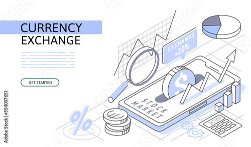 Stock exchange Isometric Concept. Use for web page, banner, infographics. Flat illustration editable line. Trading market