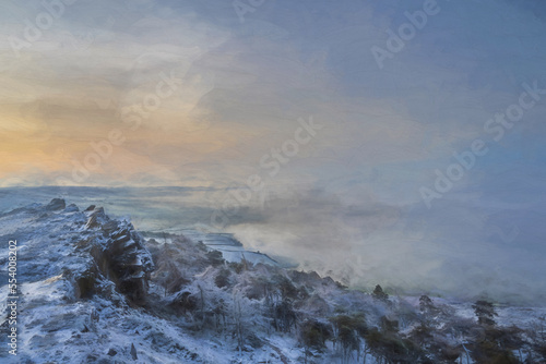 Digital oil painting of a winter sunrise cloud inversion, and snow at The Roaches, Staffordshire