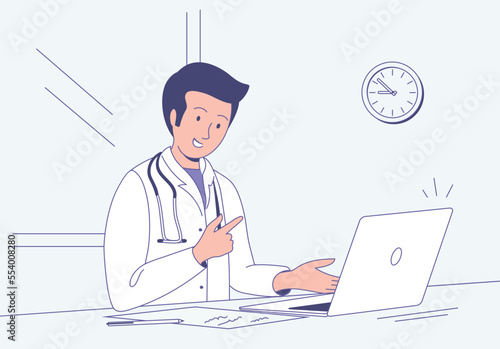 Young doctor sitting at clinic office desk and using laptop giving online consultation for domestic treatment. Online Medical Consultation, Telemedicine concept. Vector illustration