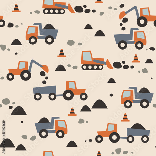 Fototapeta Naklejka Na Ścianę i Meble -  Cute cartoon tractors and cars seamless pattern. Flat funny children texture illustration for fabric and fashion print. Vector background.