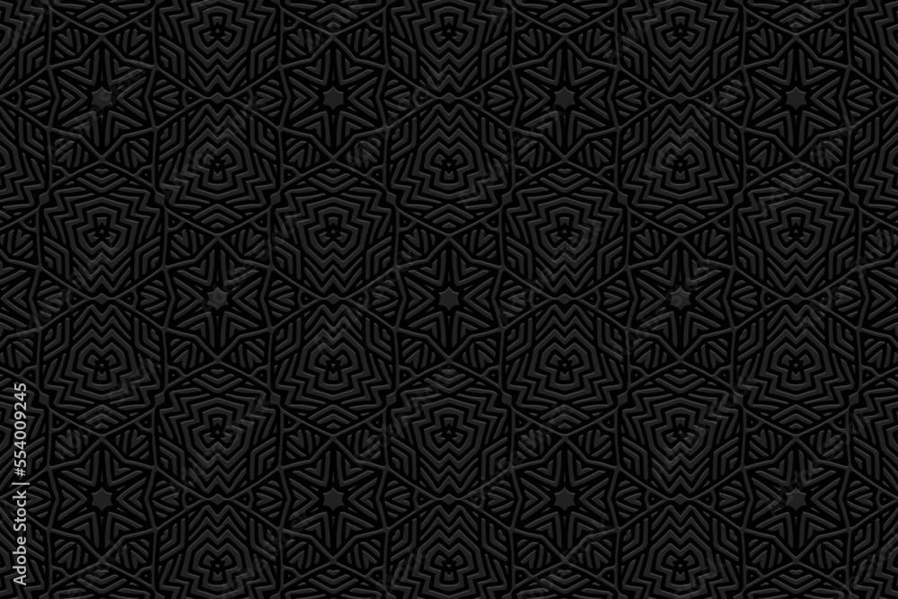 Embossed black background, ethnic cover design. Press paper, boho style. Geometric original 3d pattern. Tribal themes of the East, Asia, India, Mexico, Aztecs, Peru with handmade elements. Embossed black background, ethnic cover design. Press paper, boho style. Geometric original 3d pattern. Tribal themes of the East, Asia, India, Mexico, Aztecs, Peru with handmade elements.