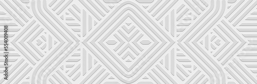 Banner, cover design. Embossed geometric 3d pattern on a white background, paper press, lines. Tribal ethnic motifs, art deco decorative ornaments.