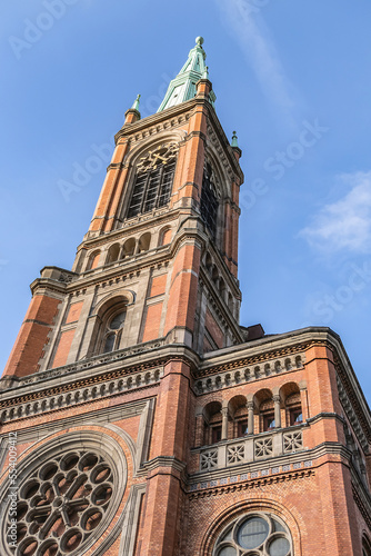Protestant St John's Church (Johanneskirche, 88 m high tower) in the square of Martin-Luther. Church of St John built from 1875 to 1881 in Romanesque Revival style. DUSSELDORF, GERMANY.