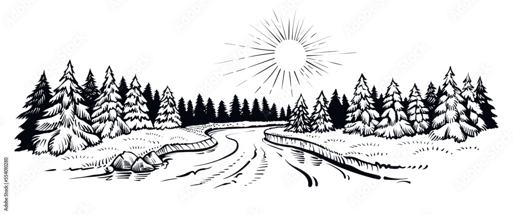 Black and white vector illustration of the river landscape with forest. Panoramic sketch with summer riverside.