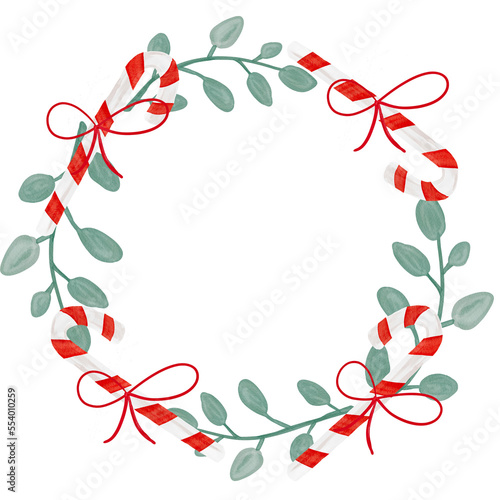 Watercolor Christmas floral wreath with candy cane. Hand painted illustration isolated on white background