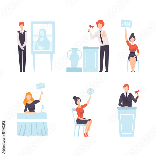 Public Auction Sale with People Bidding and Buying Goods Vector Set