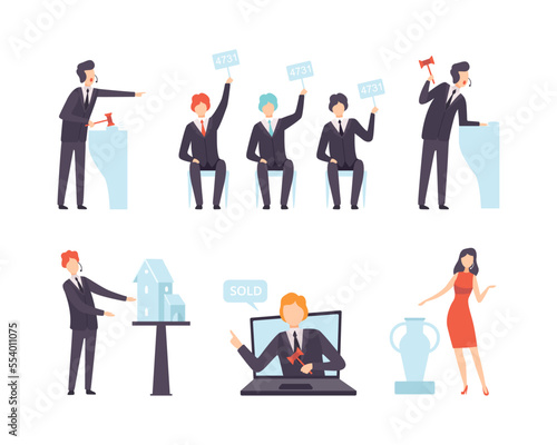 Public Auction Sale with People Bidding and Buying Goods Vector Set