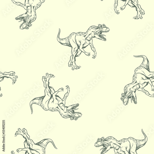 Hand drawn dinosaur alosaurus seamless pattern. Vector clipart