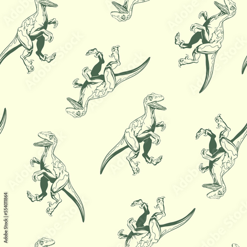 Hand drawn dinosaur raptor seamless pattern. Vector clipart